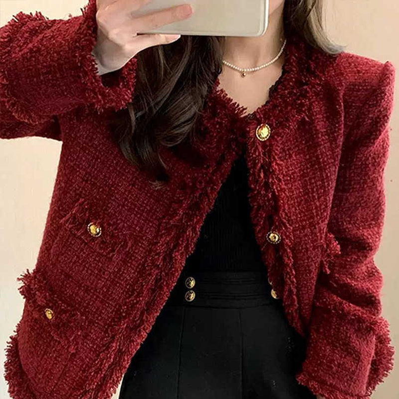 質感爆棚酒紅小香中長款外套 - TWINKLE