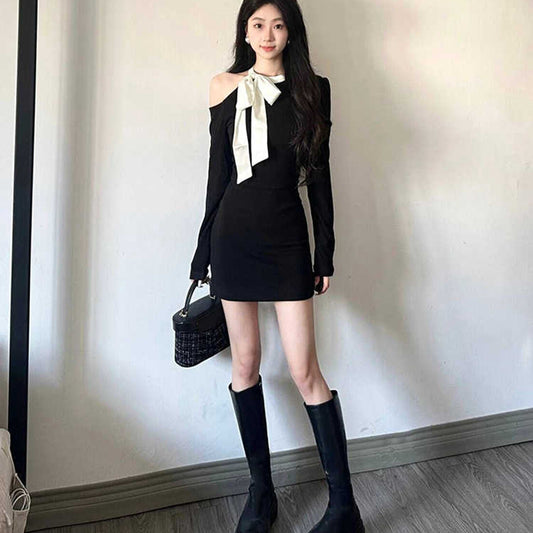 斜露肩純慾蝴蝶結包臀洋裝 - TWINKLE