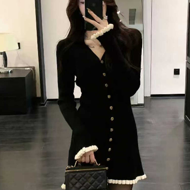 法式赫本風滾邊針織洋裝 - TWINKLE