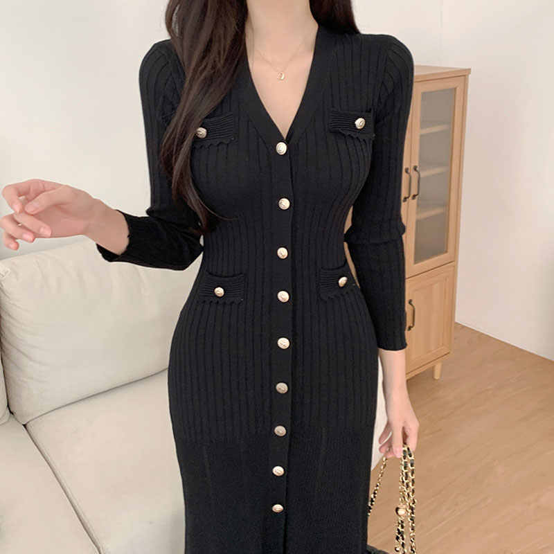 御姐氣質V領排釦針織洋裝 - TWINKLE