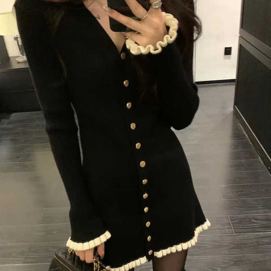 法式赫本風滾邊針織洋裝 - TWINKLE