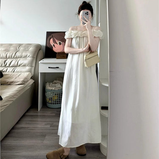 法式浪漫一字領細肩帶長洋裝 - TWINKLE