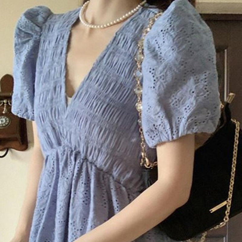 氣質名媛法式重工泡泡袖V領洋裝 - TWINKLE