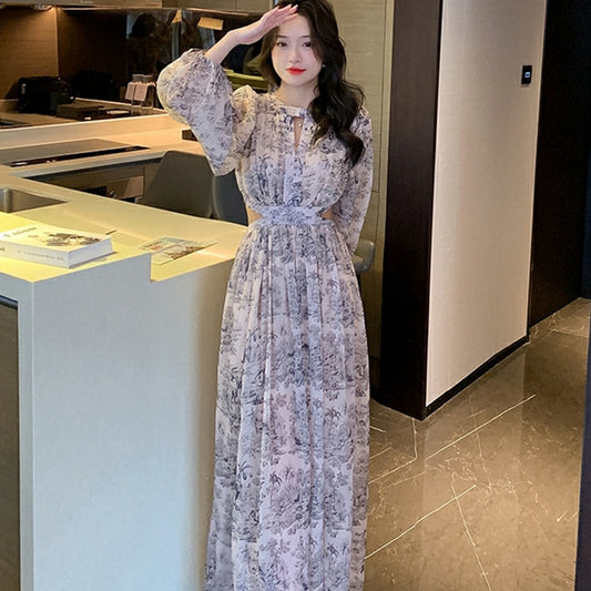 高雅印花腰間簍空女神長洋裝 - TWINKLE