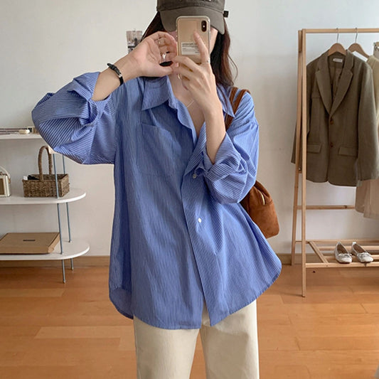 大翻領顯瘦細條紋襯衫 - TWINKLE