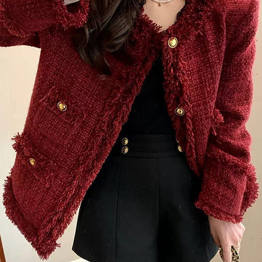 質感爆棚酒紅小香中長款外套 - TWINKLE