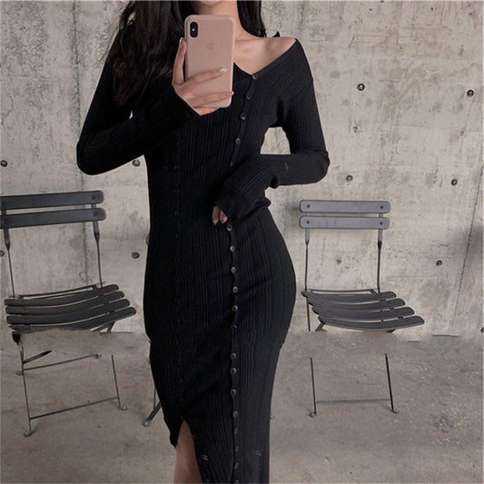 斜露肩開叉御姐微性感洋裝 - TWINKLE