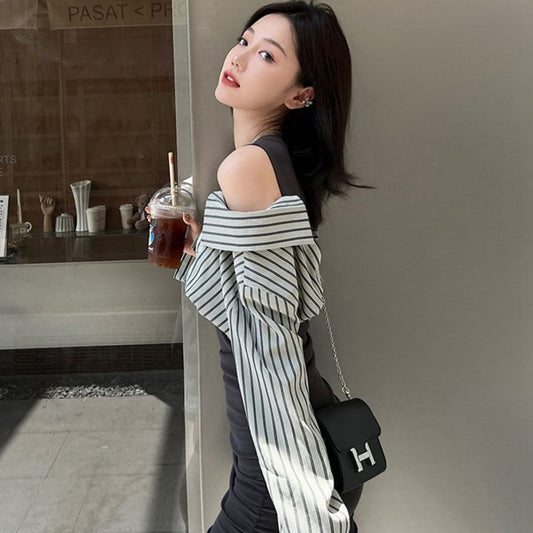 假兩件襯衫袖拼接甜辣風洋裝 - TWINKLE