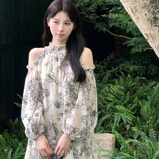 露肩小仙女印花洋裝 - TWINKLE