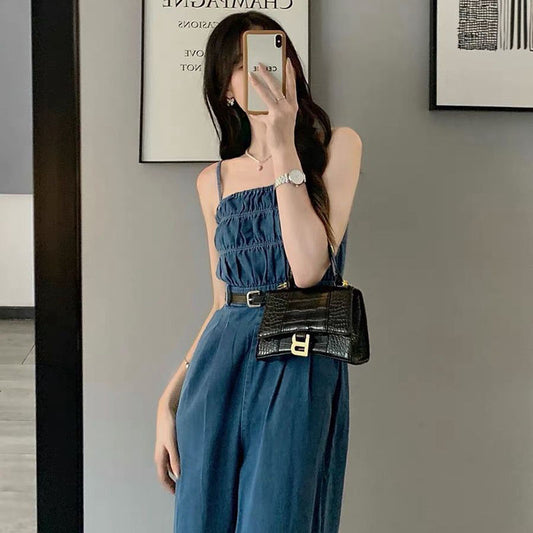 優雅皺褶牛仔連身長褲 - TWINKLE