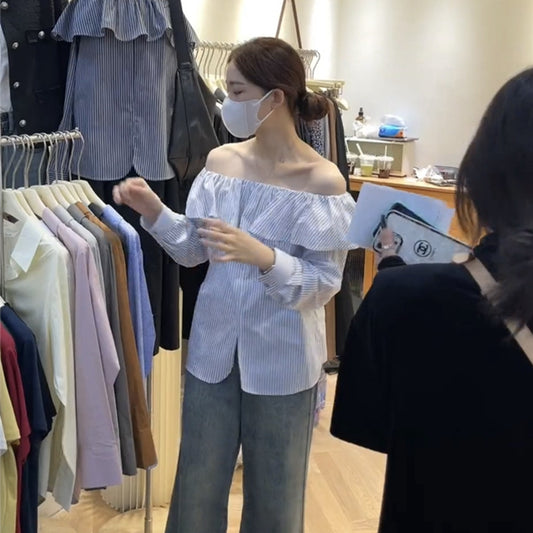 天鵝頸露肩荷葉條紋上衣 - TWINKLE