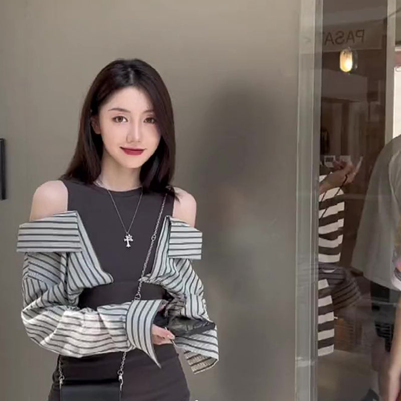 假兩件襯衫袖拼接甜辣風洋裝 - TWINKLE