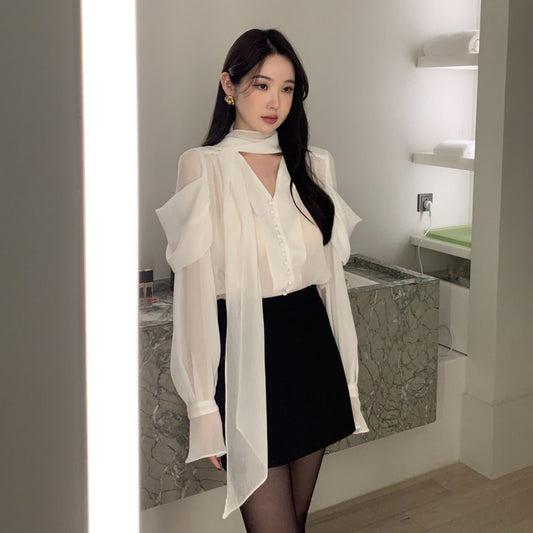 韓劇V領飄帶堆堆袖上衣 - TWINKLE