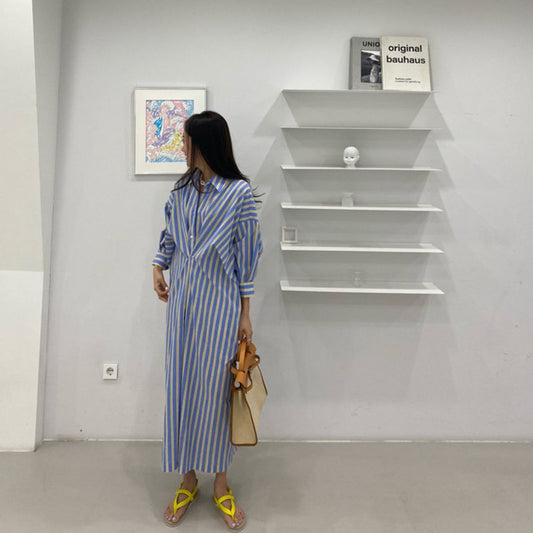 氣質女神撞色條紋壓褶洋裝