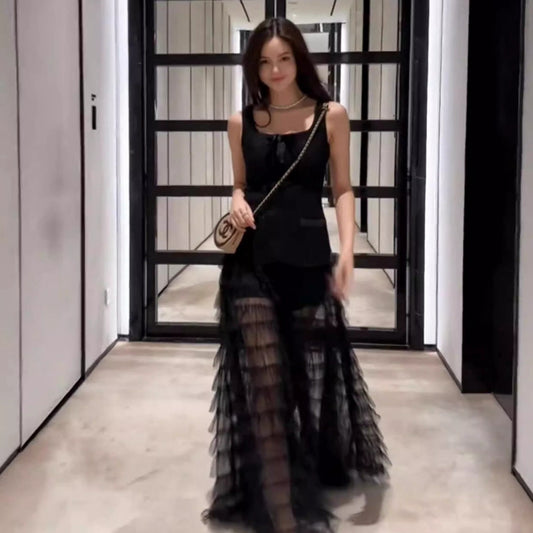 下擺微透美翻黑紗裙 - TWINKLE