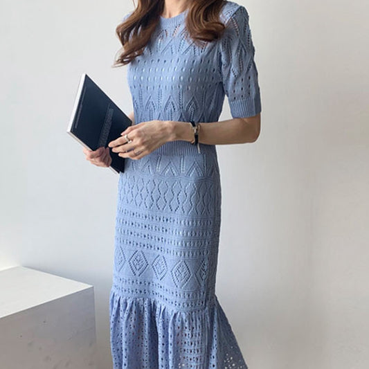 優雅名媛簍空花紋針織洋裝 - TWINKLE