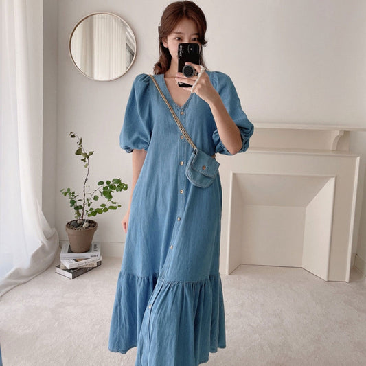 大泡泡袖遮肉舒服牛仔洋裝 - TWINKLE