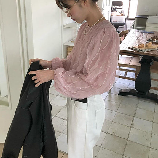 優雅甜美波浪蕾絲上衣 - TWINKLE