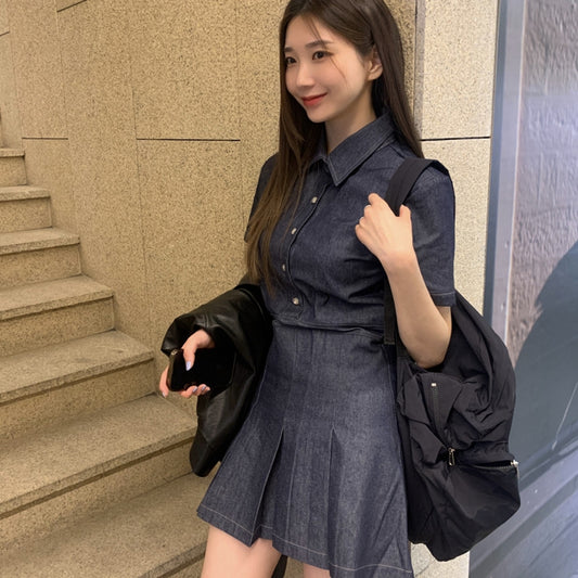 俏麗韓妞襯衫領百褶牛仔洋裝 - TWINKLE