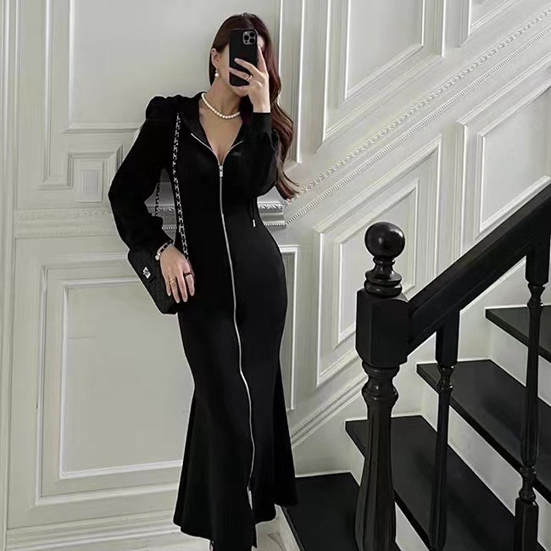 帶帽拉鍊休閒魚尾洋裝 - TWINKLE