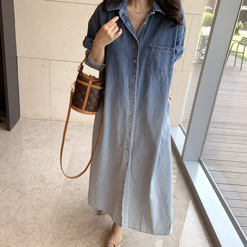 牛仔漸層襯衫式洋裝