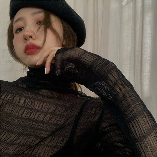 皺褶堆領微透膚超美內搭上衣 - TWINKLE