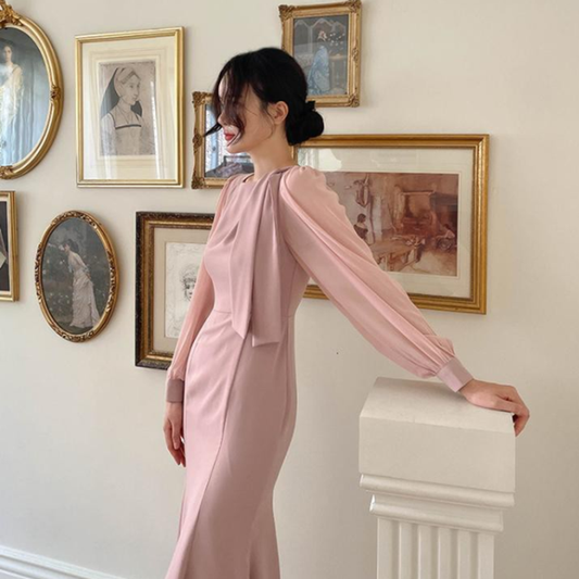 藕粉斜領結優雅魚尾洋裝 - TWINKLE