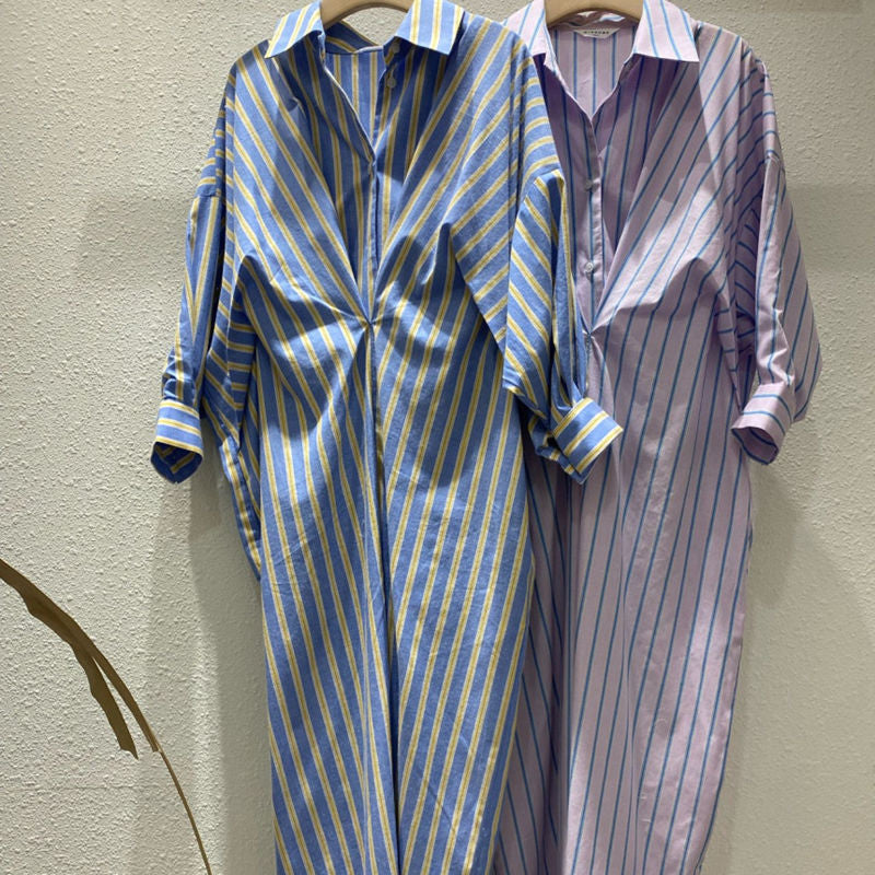 氣質女神撞色條紋壓褶洋裝