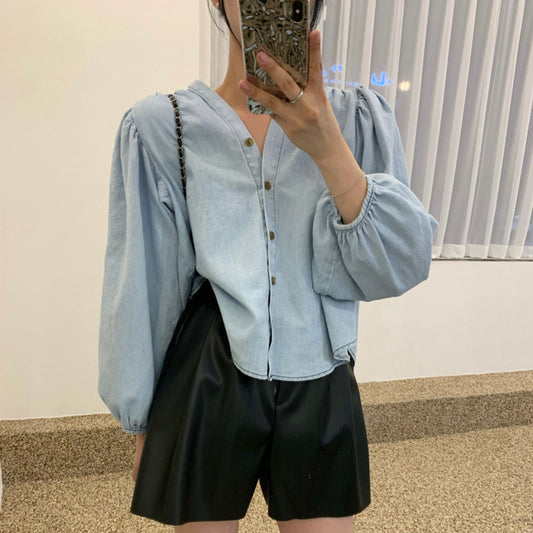 顯瘦氣質牛仔澎袖上衣