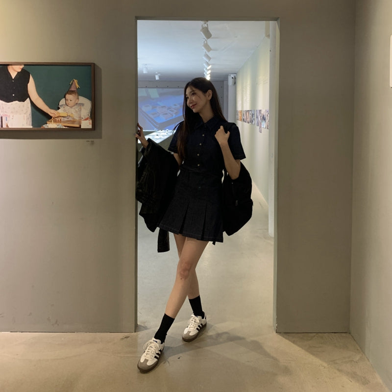 俏麗韓妞襯衫領百褶牛仔洋裝 - TWINKLE