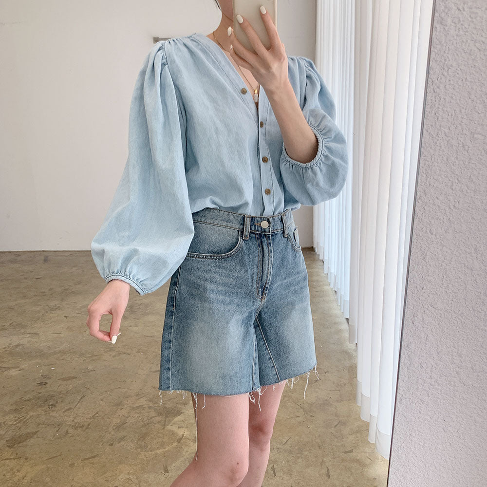 顯瘦氣質牛仔澎袖上衣