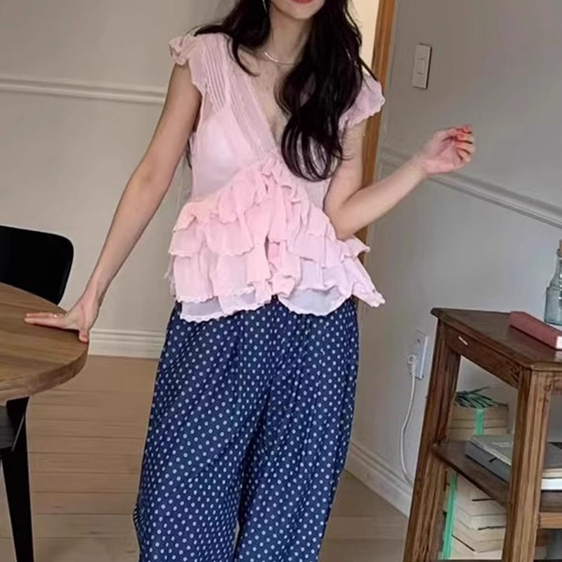 深V甜美荷葉上衣