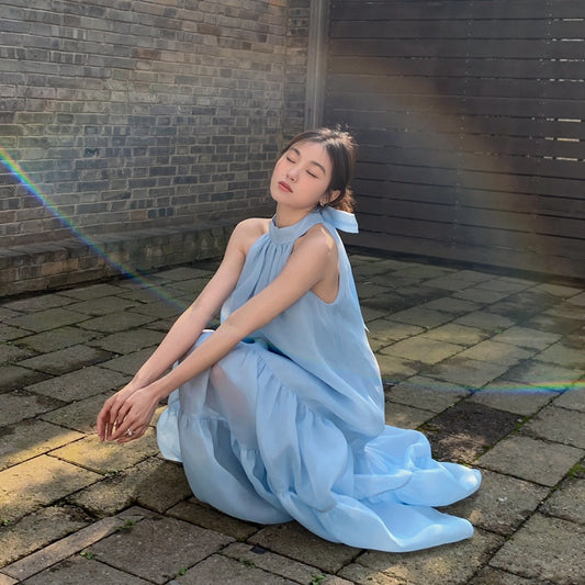 仙氣掛脖淡藍削肩長洋裝 - TWINKLE