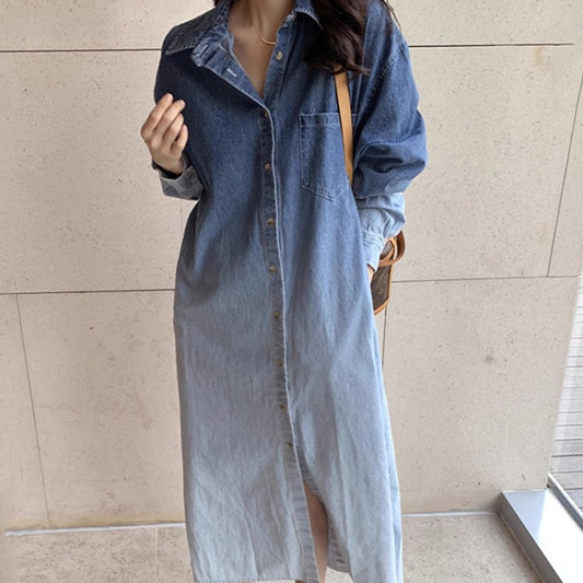 牛仔漸層襯衫式洋裝