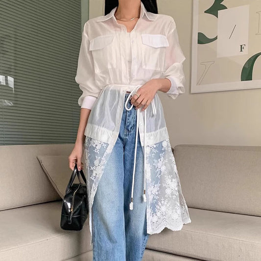 蕾絲襯衫長版罩衫