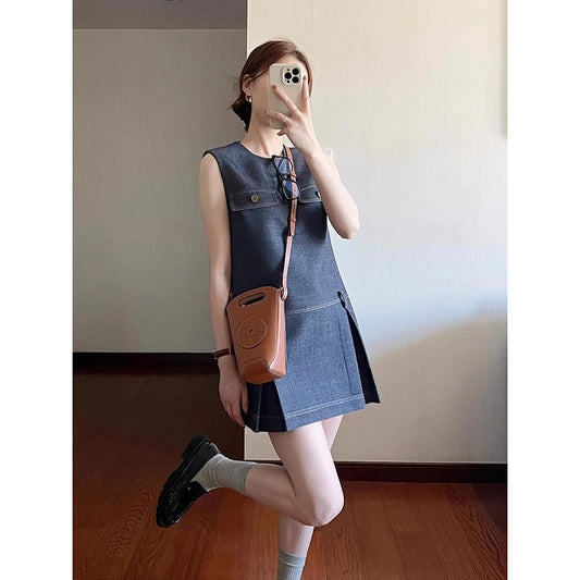 無齡感時尚百褶牛仔短洋裝 - TWINKLE