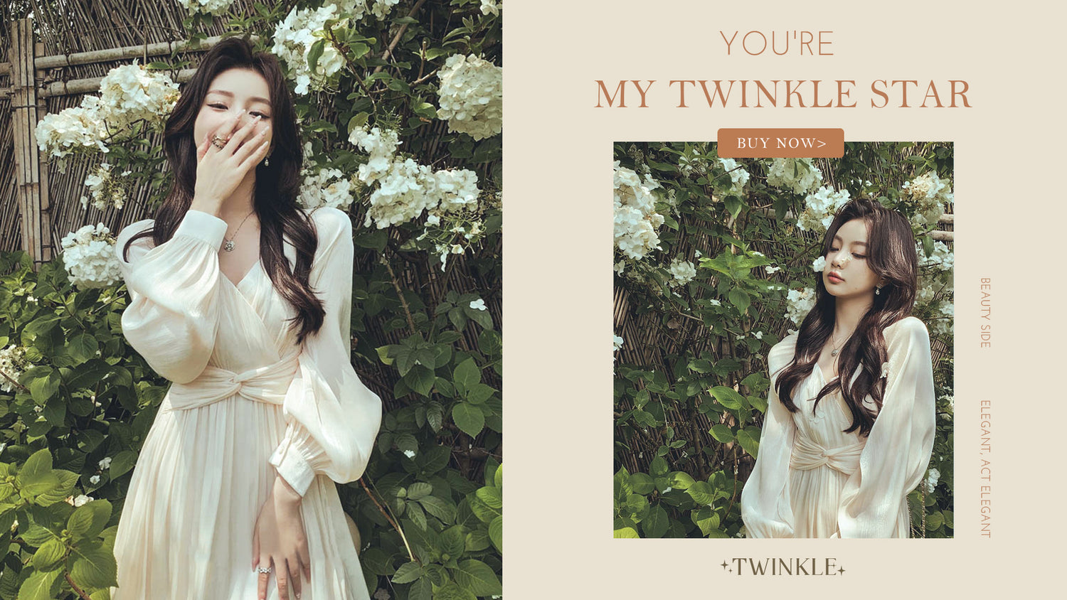 Woman in an elegant cream dress posing in a flower garden, featured in the Twinkle fashion collection with the caption You're My Twinkle Star