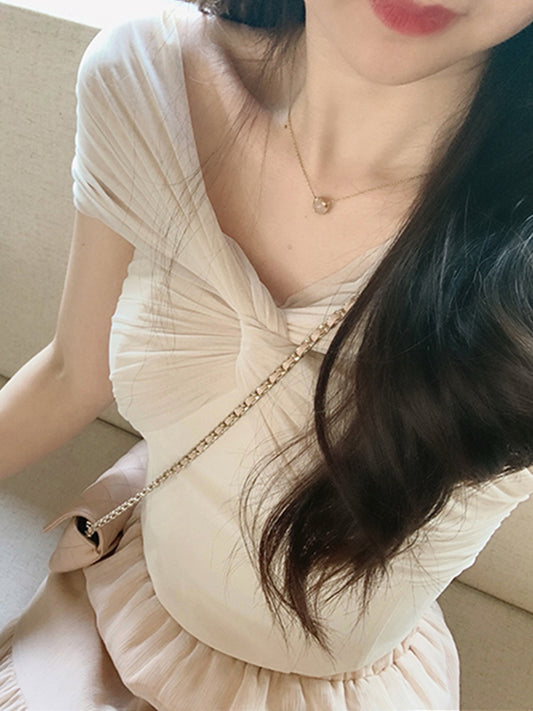 女人味爆棚網紗扭轉露肩上衣 - TWINKLE