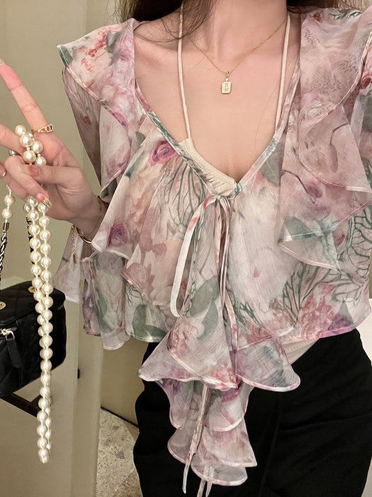 女人味滿溢荷葉雪紡薄外搭 - TWINKLE