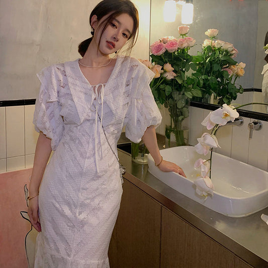 氣質名媛大翻領泡泡袖魚尾洋裝 - TWINKLE