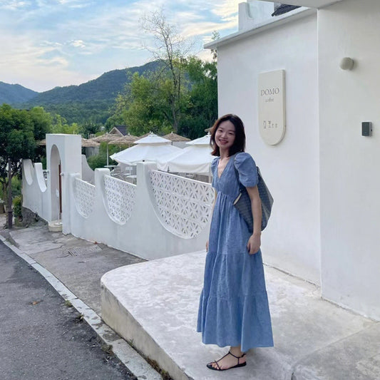 氣質名媛法式重工泡泡袖V領洋裝 - TWINKLE