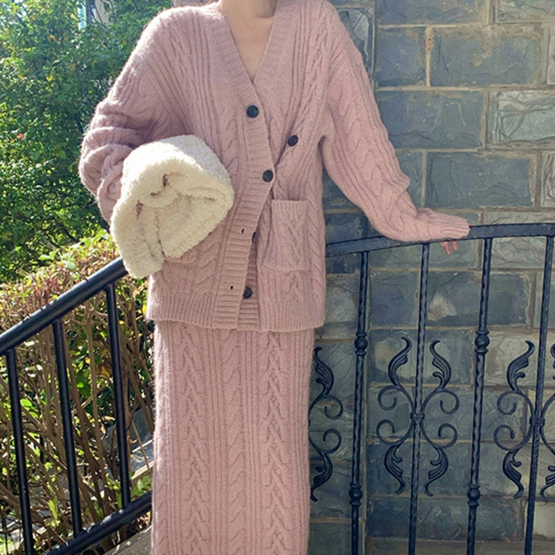 超美麻花斜釦針織套裝 - TWINKLE