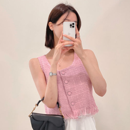 短版小香流蘇毛呢無袖上衣 - TWINKLE