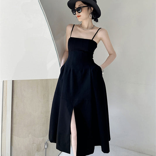 簡約大牌前開叉細肩帶洋裝 - TWINKLE