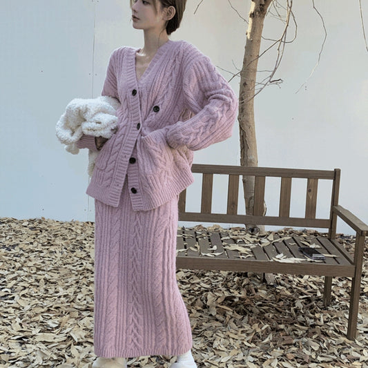 超美麻花斜釦針織套裝 - TWINKLE