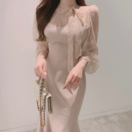 優雅歐膩蕾絲拚接魚尾洋裝 - TWINKLE