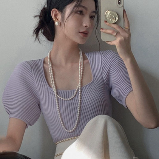 高級感微澎袖方領針織上衣 - TWINKLE