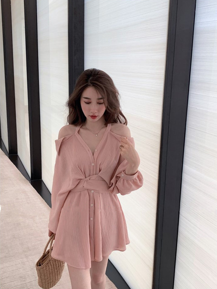 誘人香肩收腰襯衫洋裝 - TWINKLE