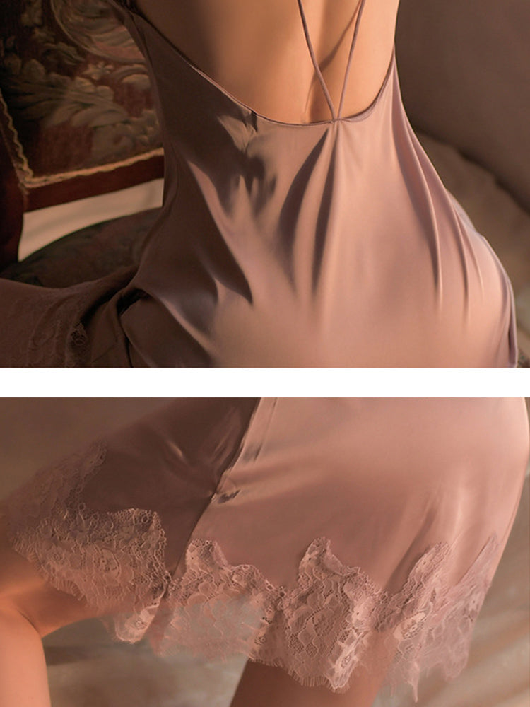 絕對誘惑深V羽毛蕾絲睡衣裙 - TWINKLE