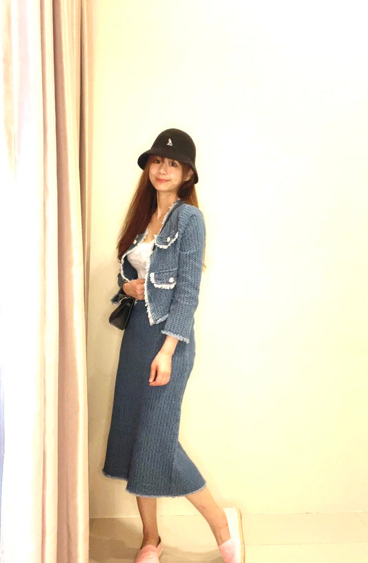 名媛休閒時尚鬚邊牛仔裙套裝 - TWINKLE